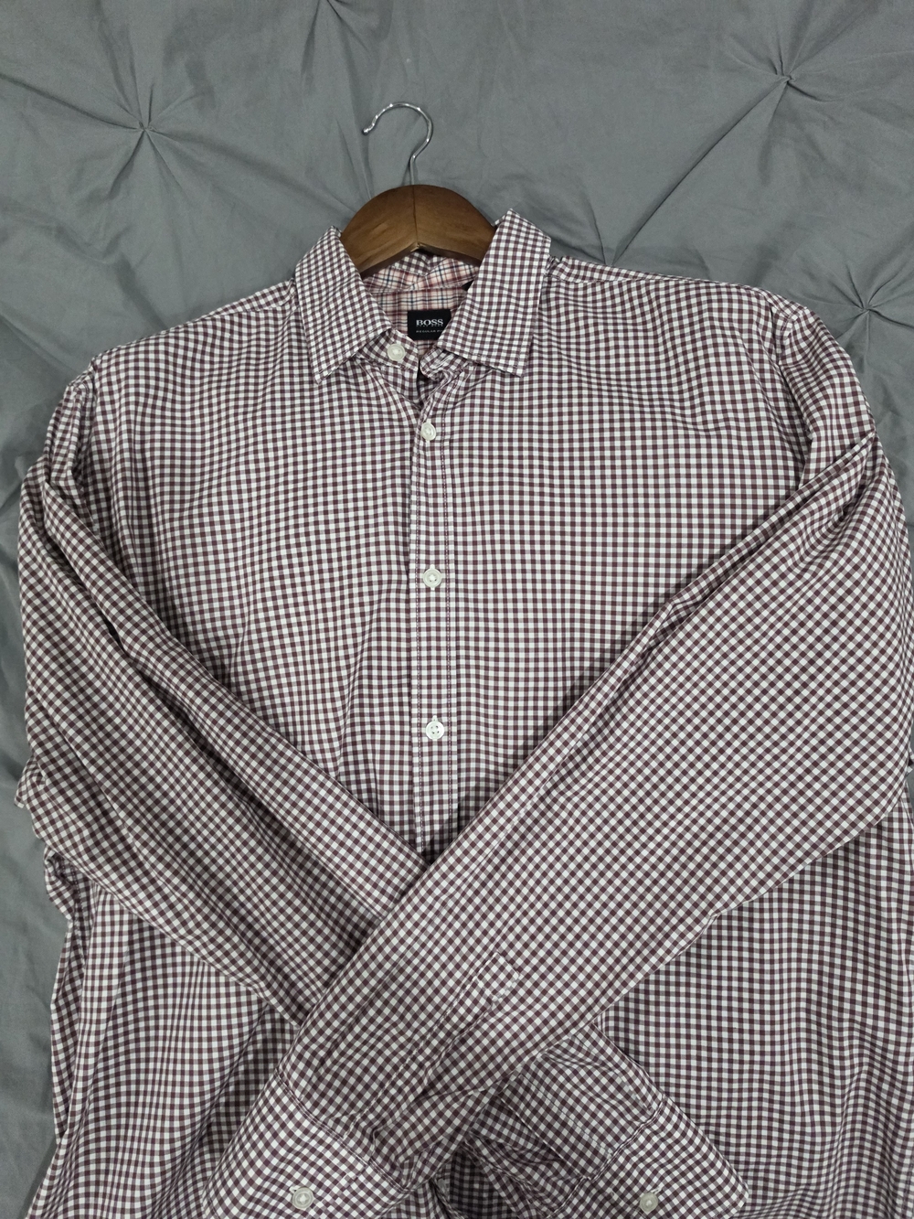 Boss Men's Burgundy and White Gingham Button-Down Shirt XXL